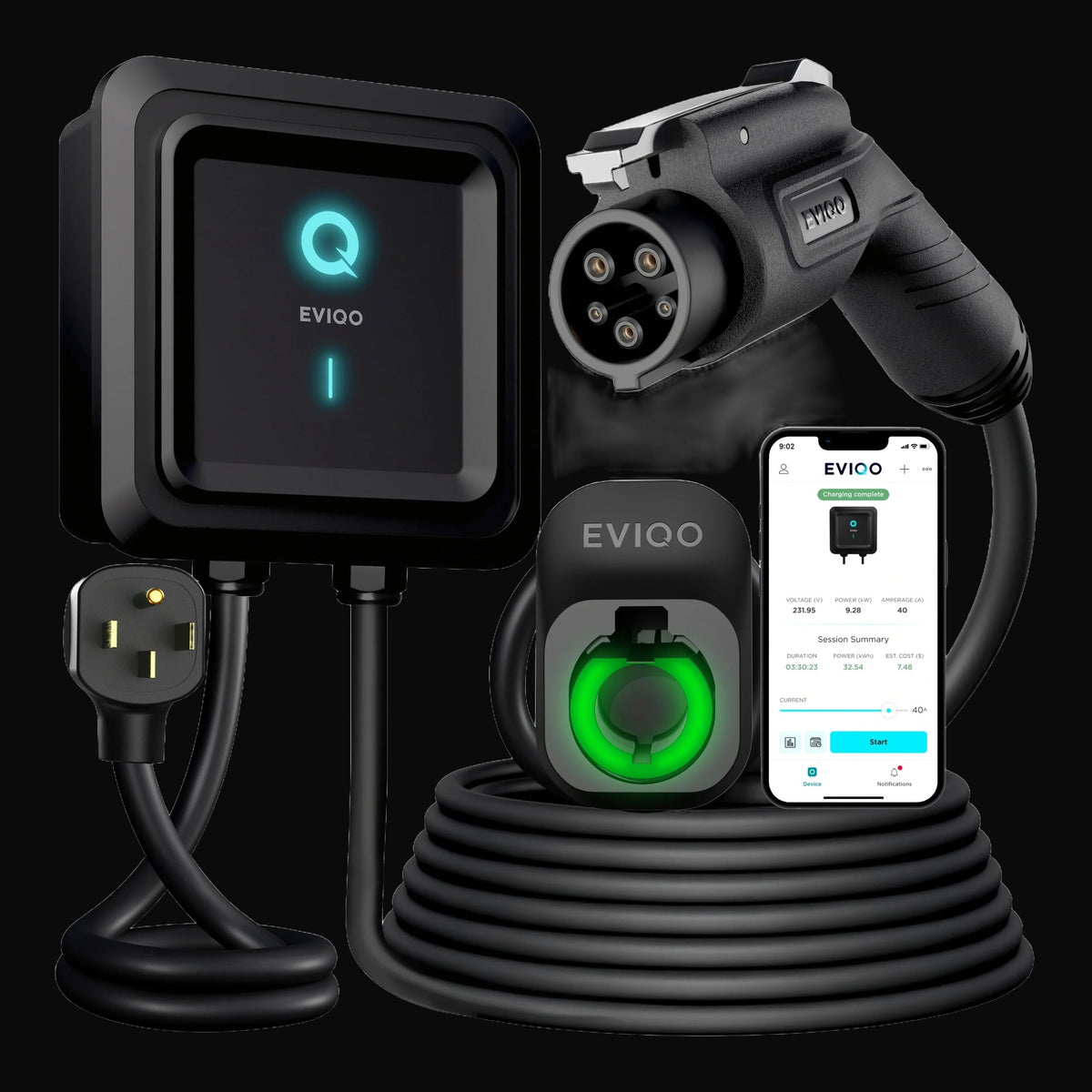 Borne de recharge EVIQO 40 A – 240 V, NEMA 14-50, J1772, câble 25 pi