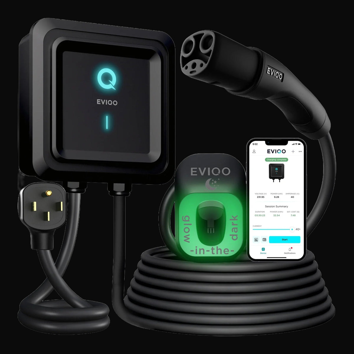 Borne de recharge EVIQO 40 A – 240 V, NEMA 14-50, NACS (Tesla), câble 25 pi
