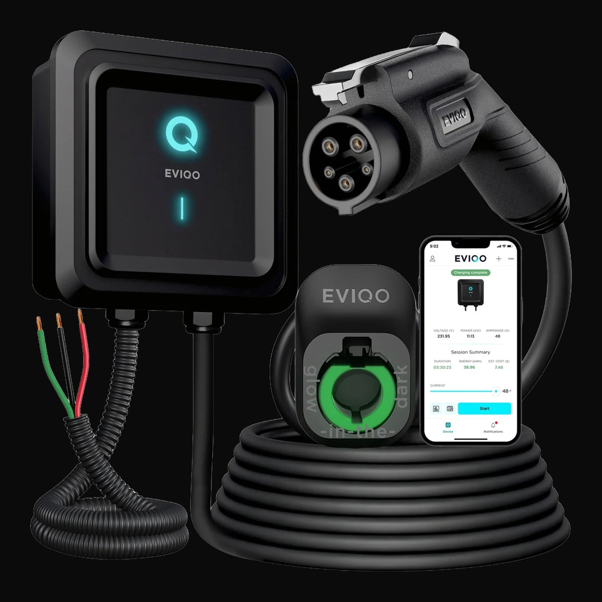 Borne de recharge EVIQO 48 A – 240 V, raccordement permanent, J1772, câble 25 pi
