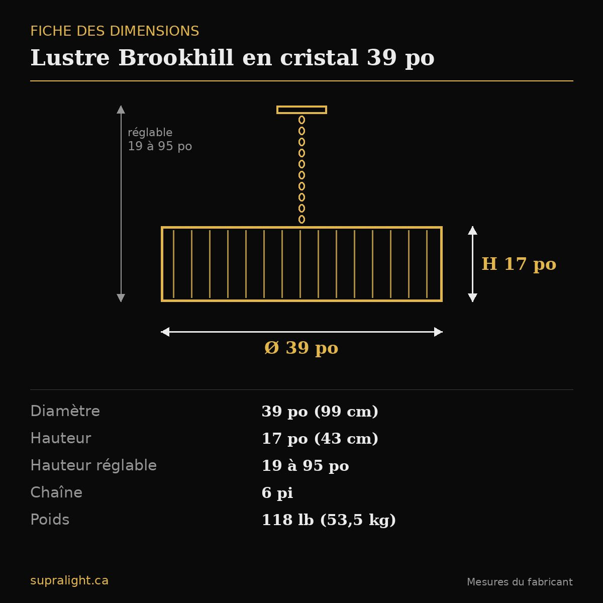 Lustre Brookhill en cristal 39 po – dimensions