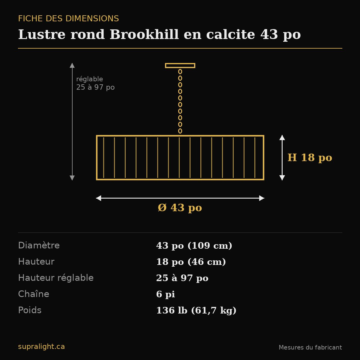 Lustre rond Brookhill en calcite 43 po – dimensions