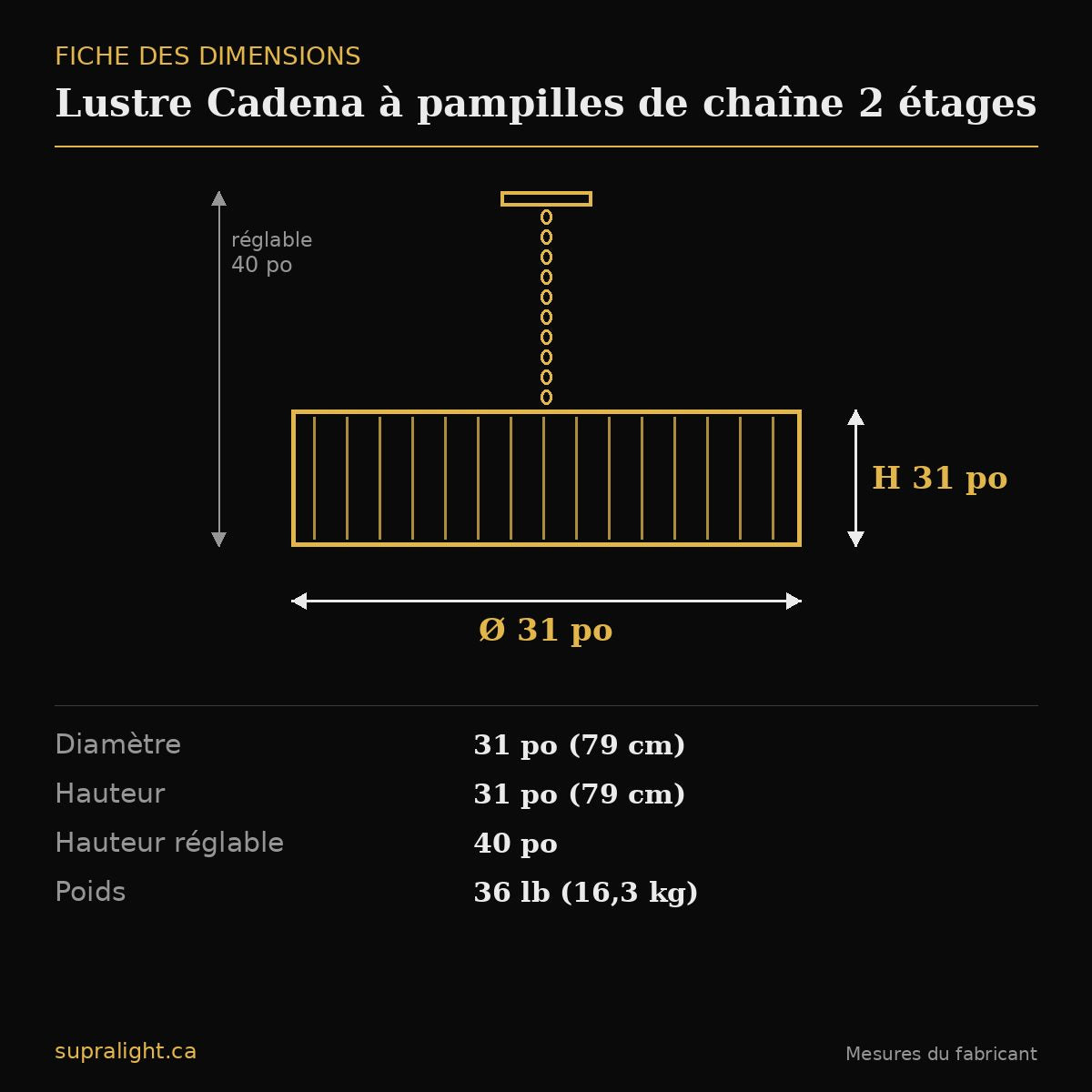 Lustre Cadena à pampilles de chaîne 2 étages – dimensions