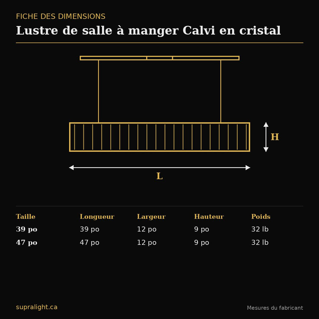 Lustre de salle à manger Calvi en cristal – dimensions