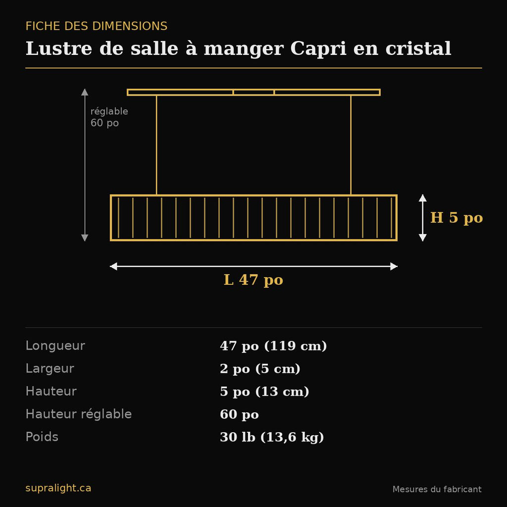 Lustre de salle à manger Capri en cristal – dimensions