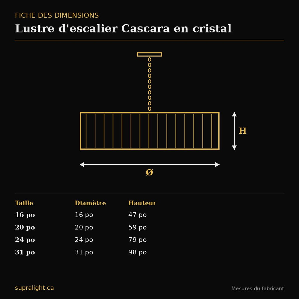 Lustre d'escalier Cascara en cristal – dimensions