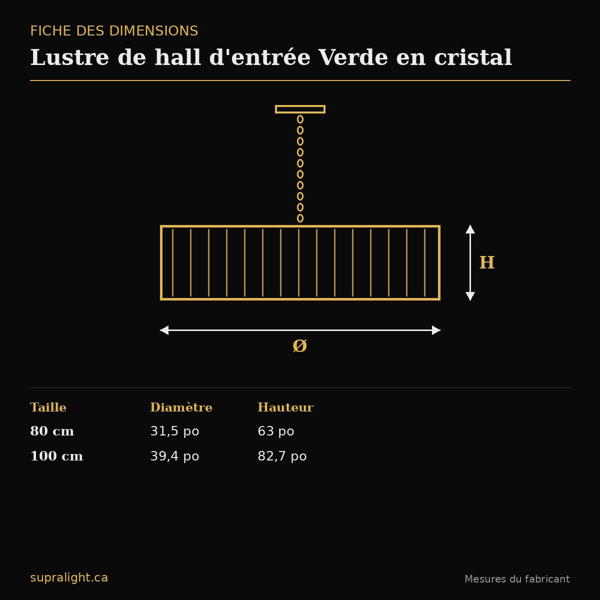 Lustre de hall d'entrée Verde en cristal – dimensions