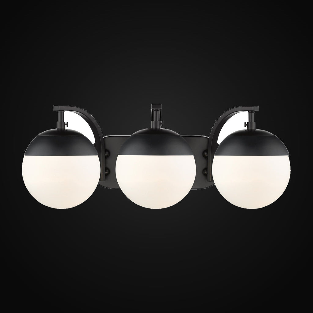 Applique de salle de bain Dixon 3 lumières, noir mat, verre opale et capuchon noir mat