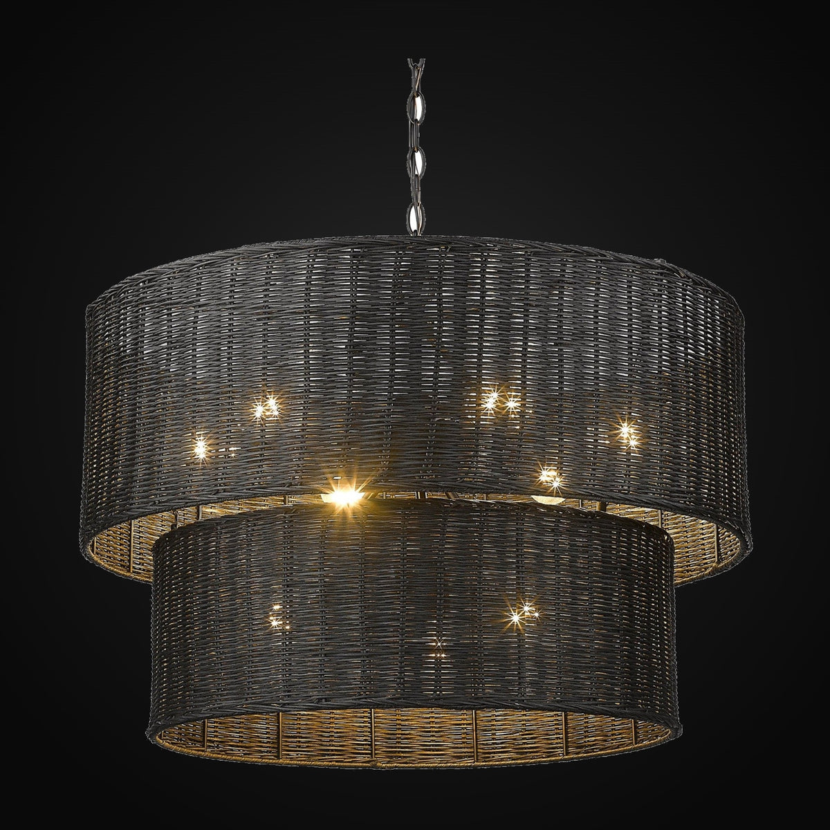 Lustre Erma 9 lumières, noir mat et osier noir
