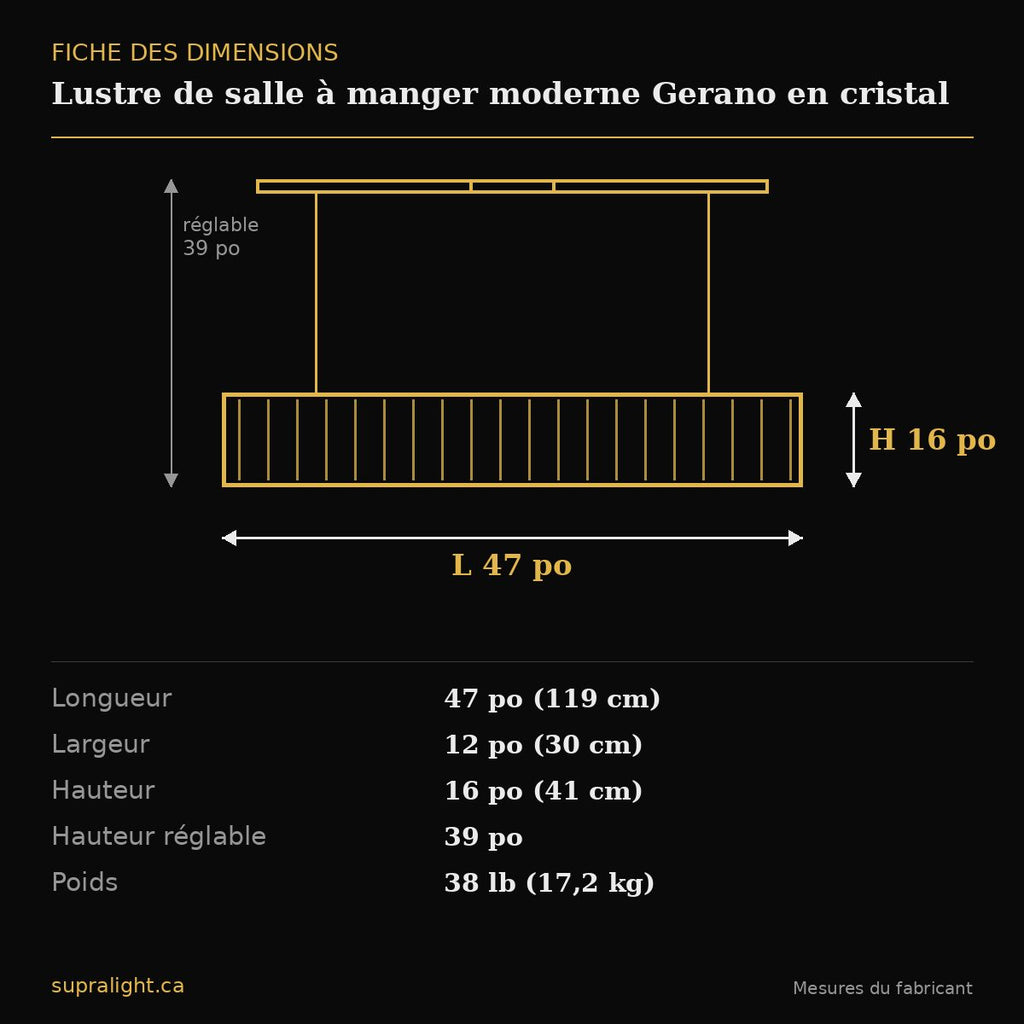 Lustre de salle à manger moderne Gerano en cristal – dimensions