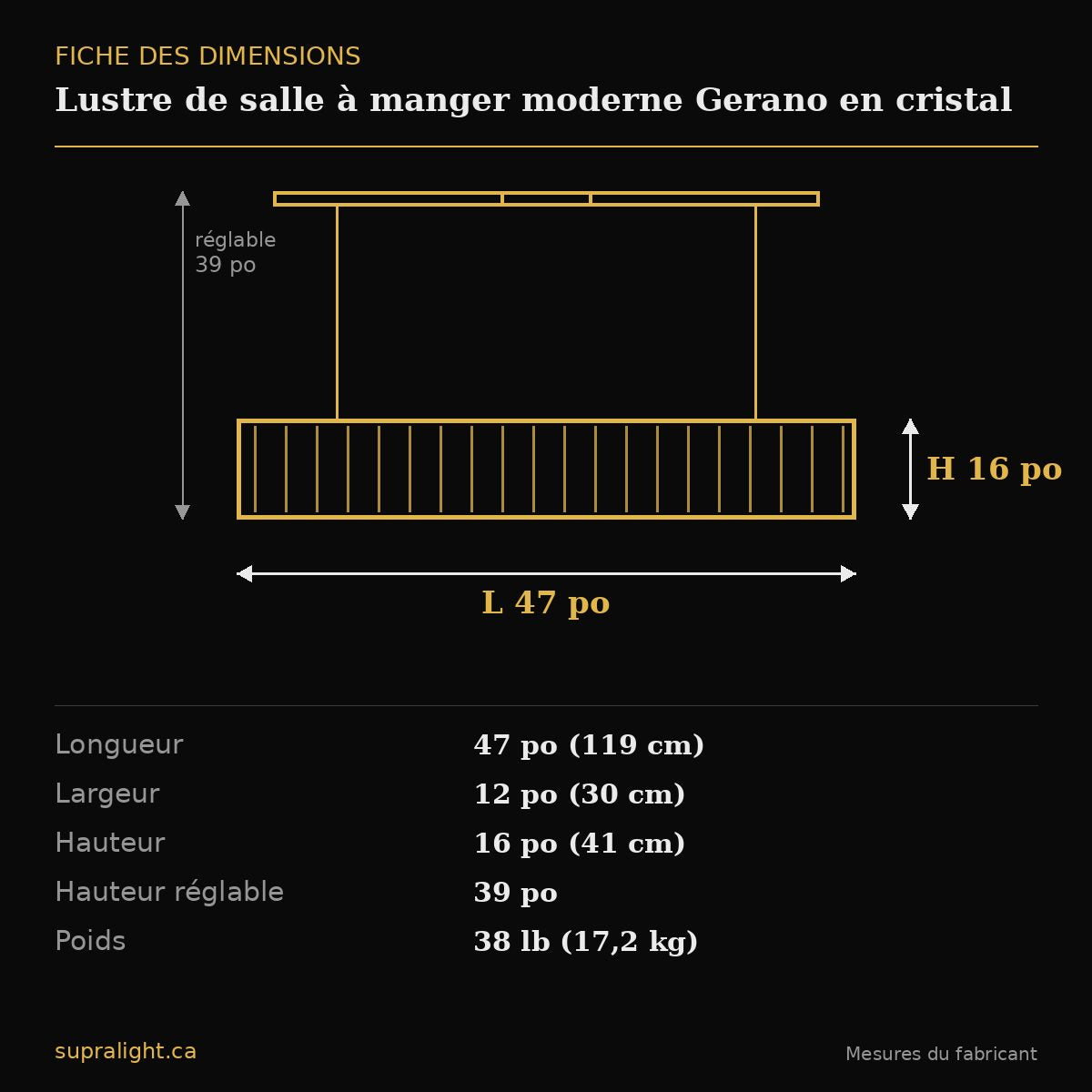 Lustre de salle à manger moderne Gerano en cristal – dimensions