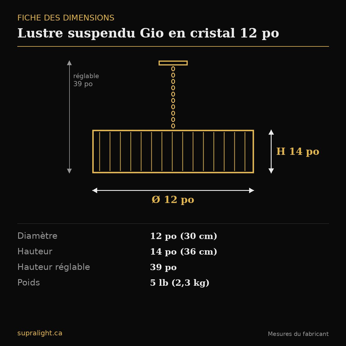 Lustre suspendu Gio en cristal 12 po – dimensions