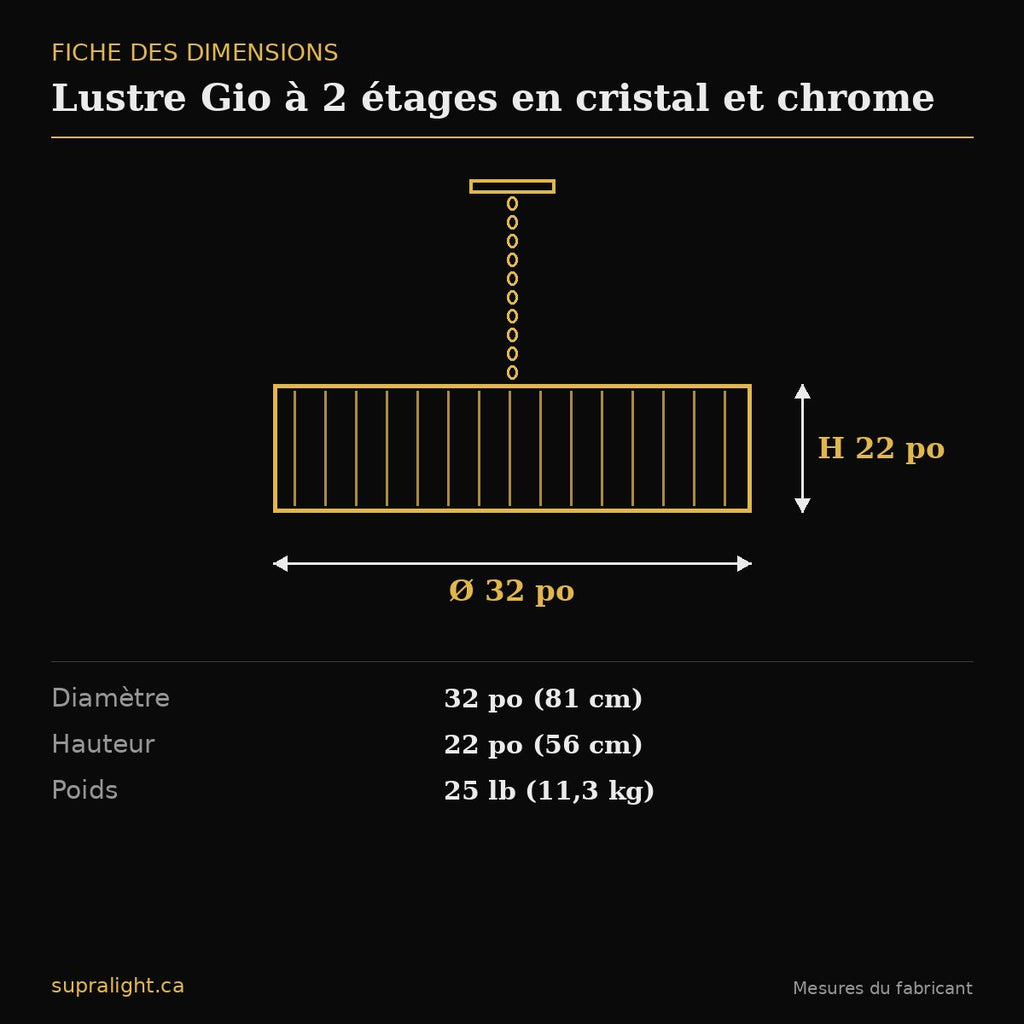 Lustre Gio à 2 étages en cristal et chrome – dimensions