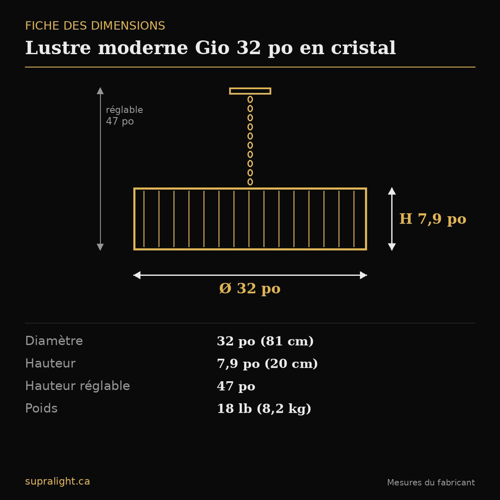Lustre moderne Gio 32 po en cristal – dimensions