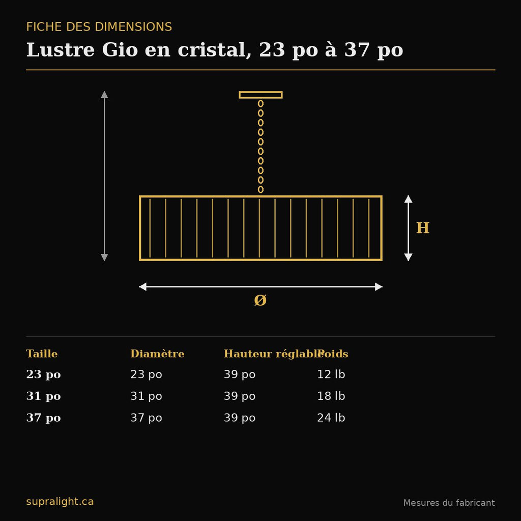Lustre Gio en cristal, 23 po à 37 po – dimensions