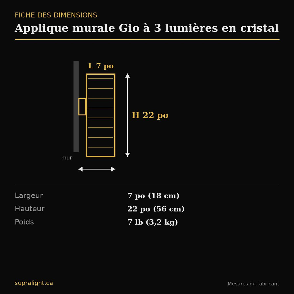 Applique murale Gio à 3 lumières en cristal – dimensions