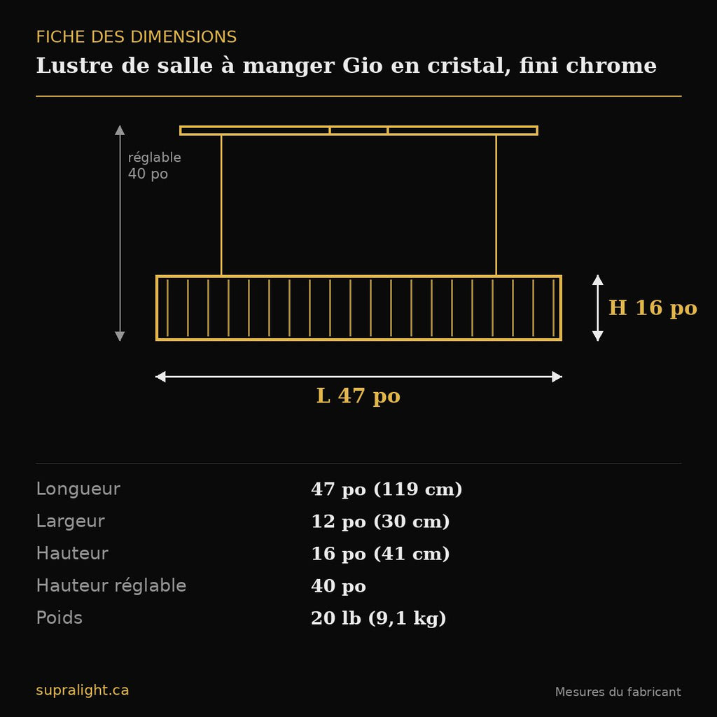 Lustre de salle à manger Gio en cristal, fini chrome – dimensions