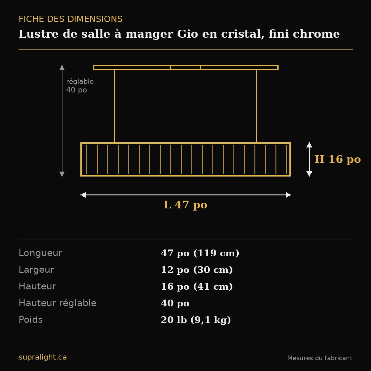 Lustre de salle à manger Gio en cristal, fini chrome – dimensions