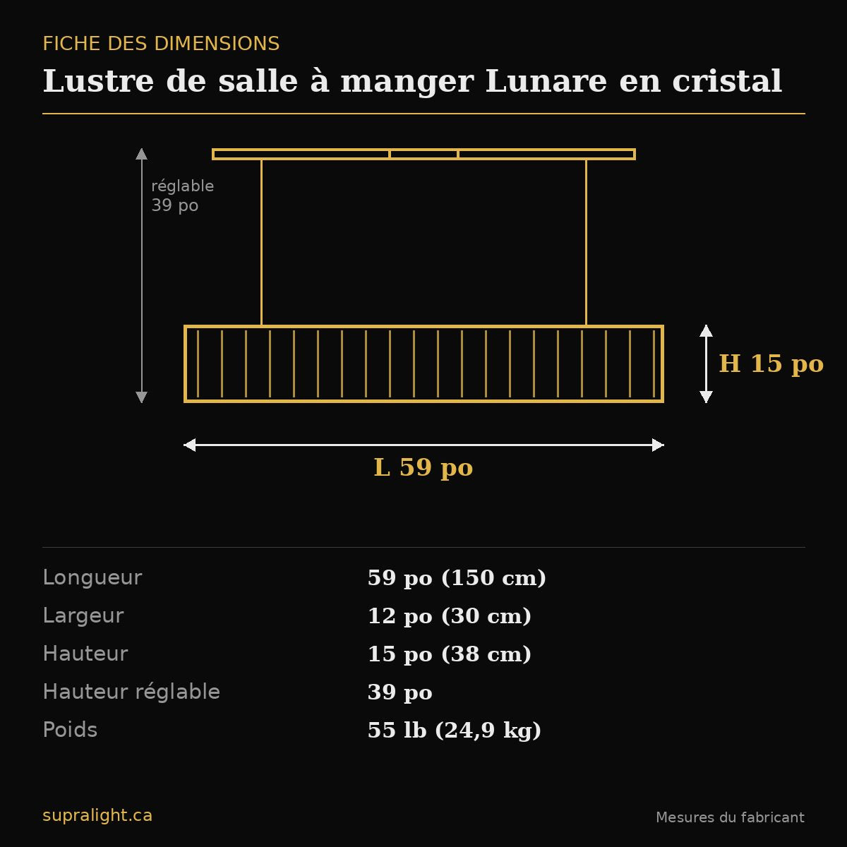 Lustre de salle à manger Lunare en cristal – dimensions
