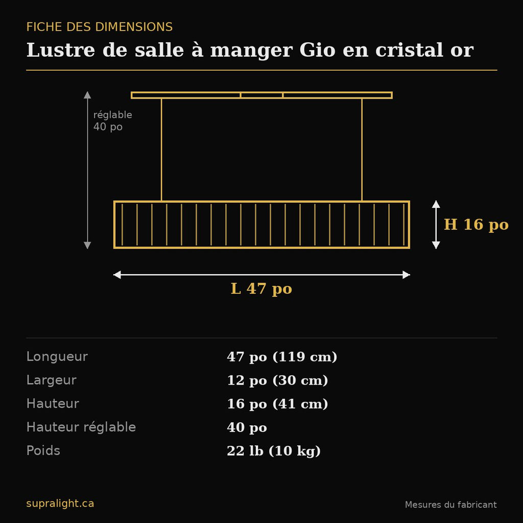 Lustre de salle à manger Gio en cristal or – dimensions