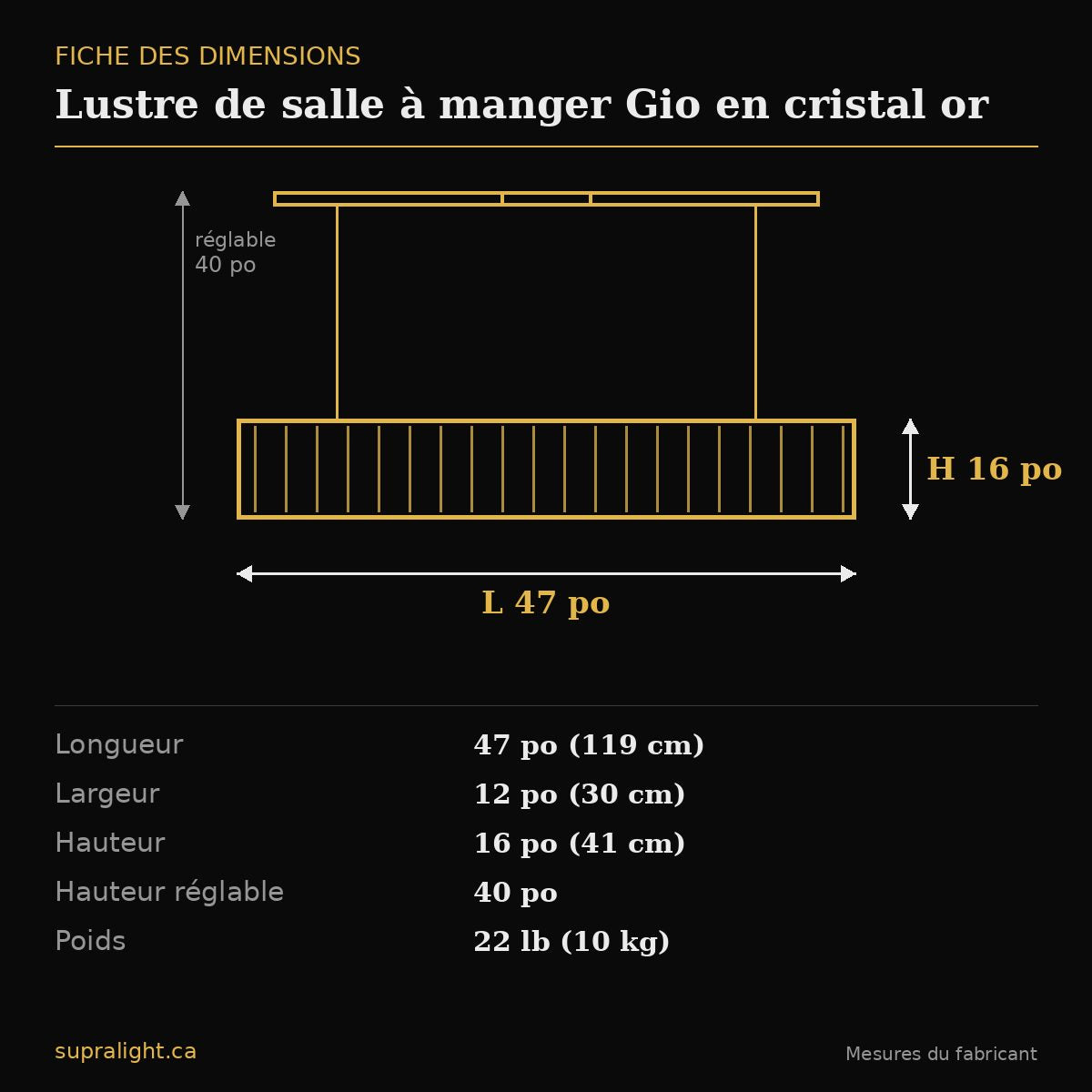 Lustre de salle à manger Gio en cristal or – dimensions