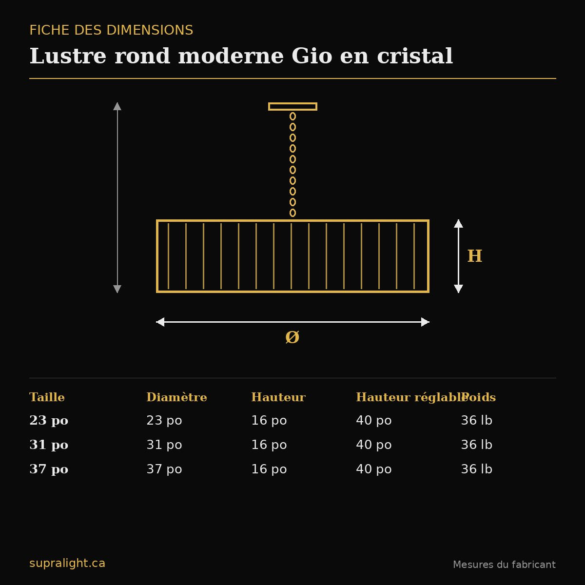Lustre rond moderne Gio en cristal – dimensions