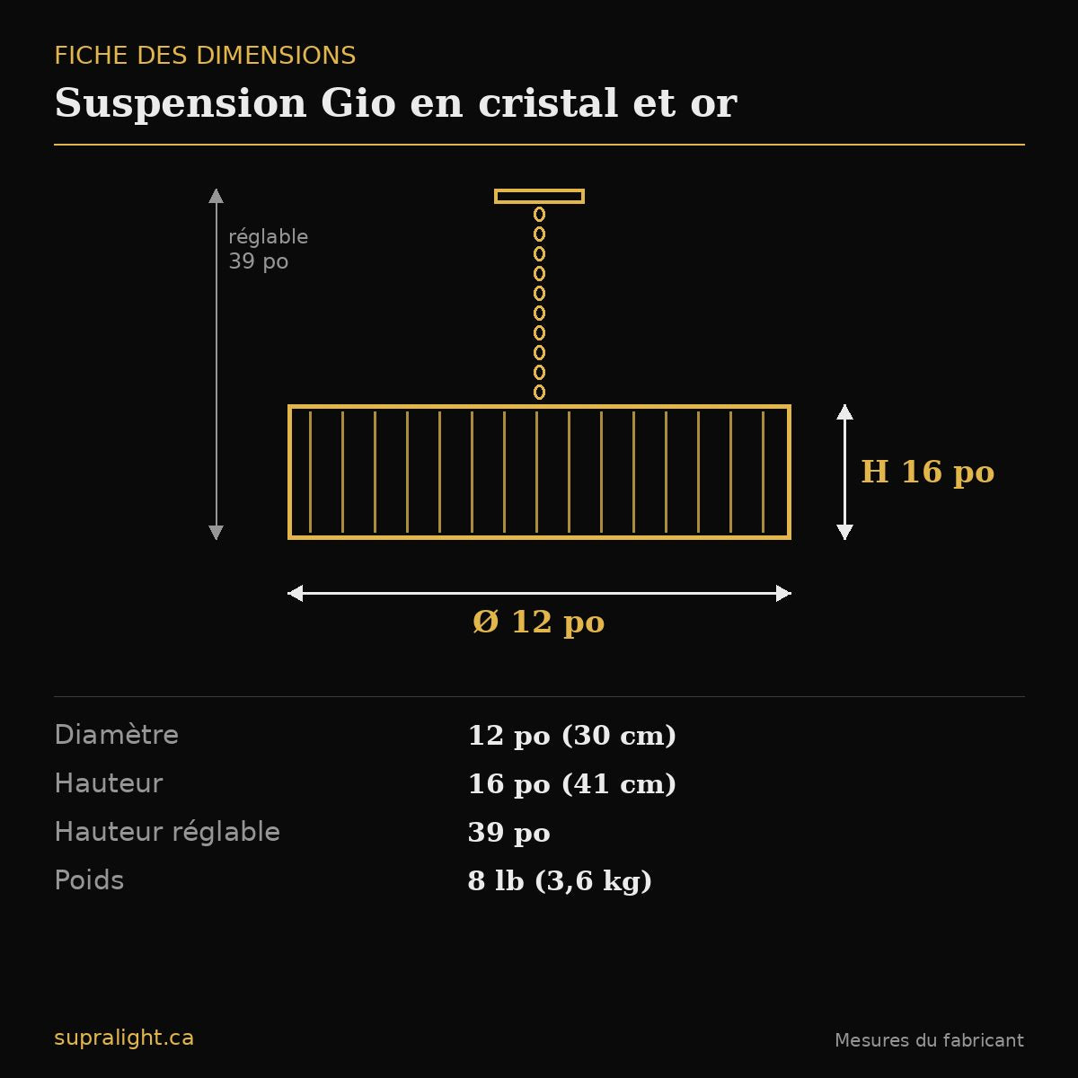 Suspension Gio en cristal et or – dimensions