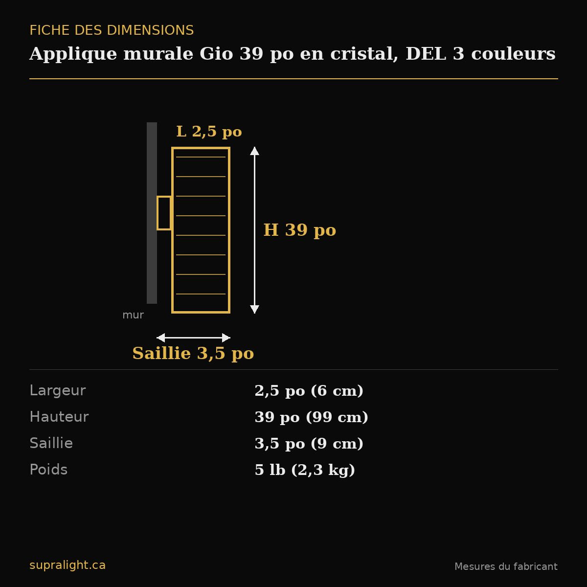 Applique murale Gio 39 po en cristal, DEL 3 couleurs – dimensions