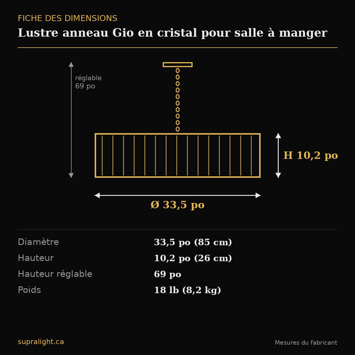 Lustre anneau Gio en cristal pour salle à manger – dimensions