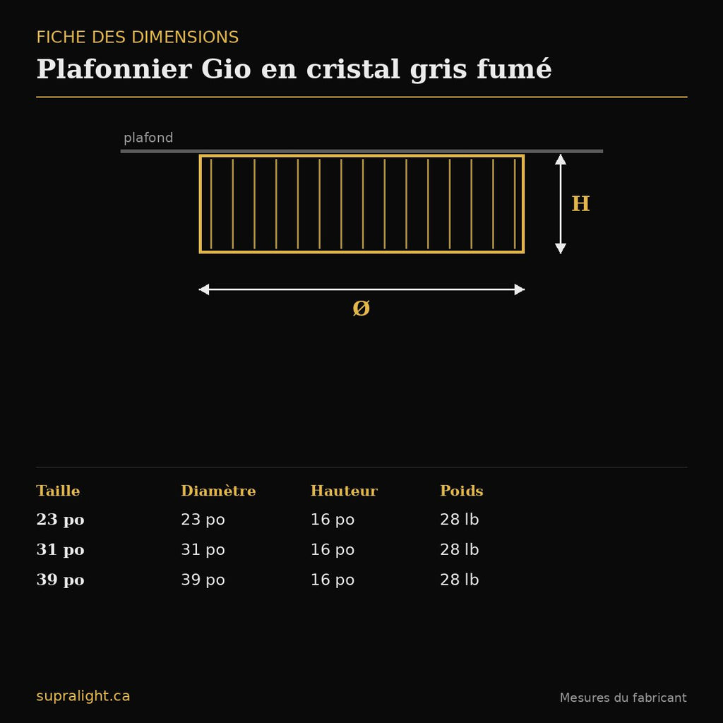 Plafonnier Gio en cristal gris fumé – dimensions