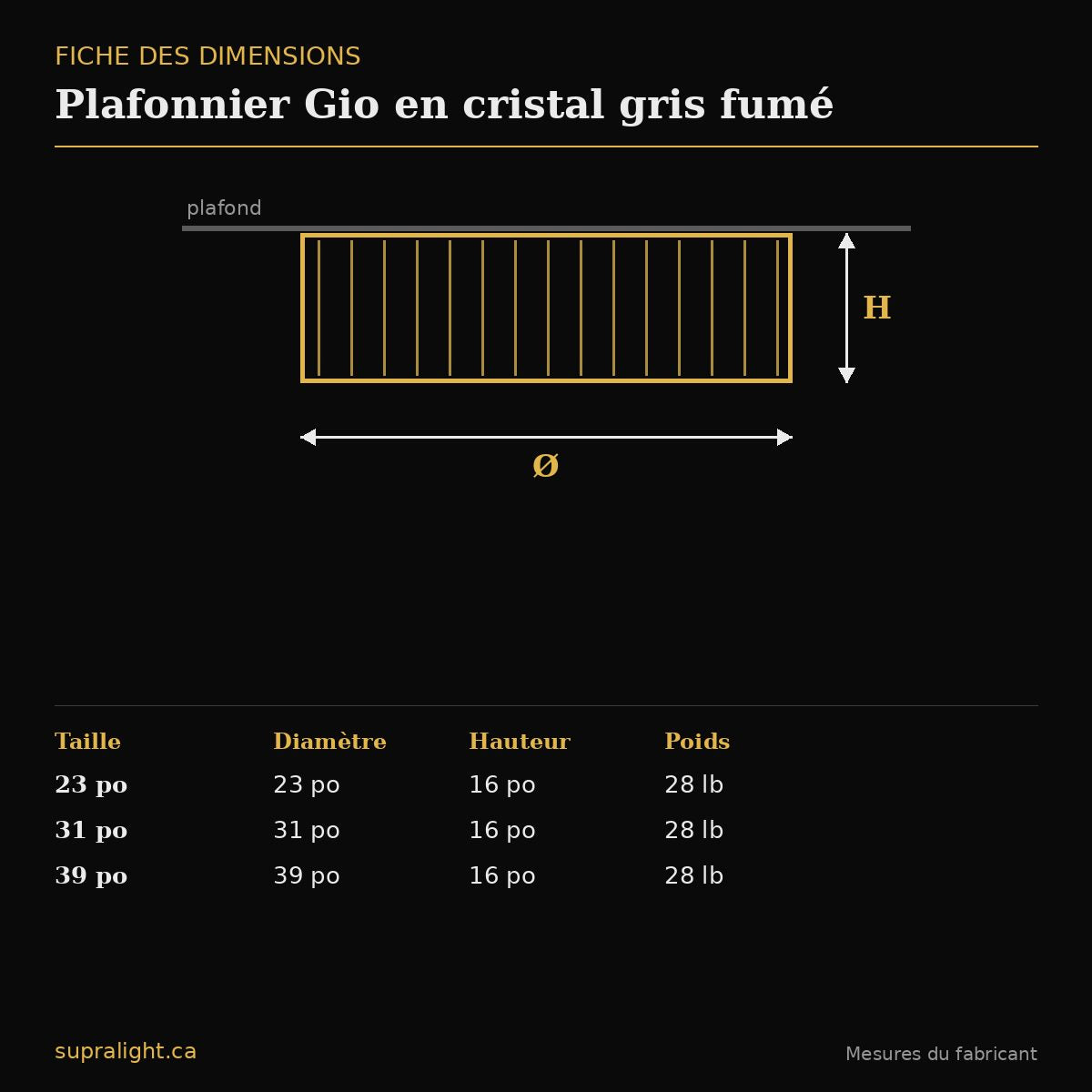 Plafonnier Gio en cristal gris fumé – dimensions