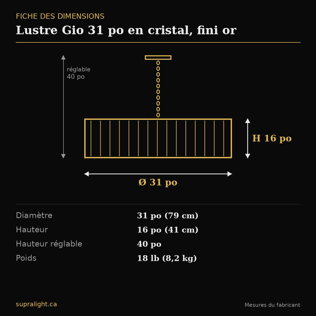 Lustre Gio 31 po en cristal, fini or – dimensions