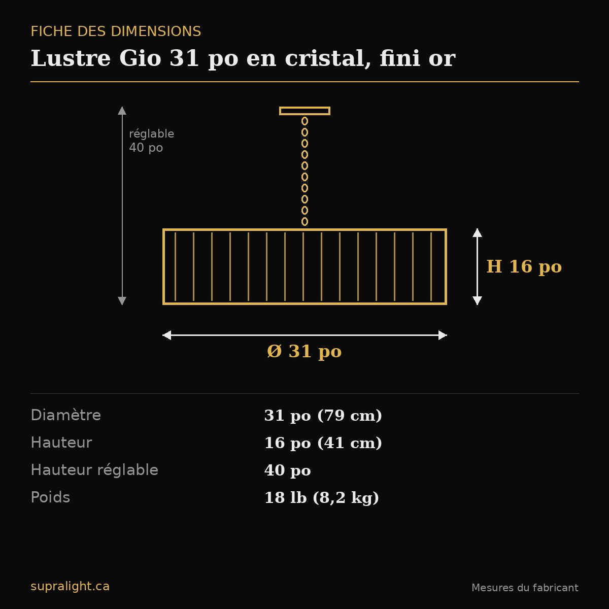 Lustre Gio 31 po en cristal, fini or – dimensions