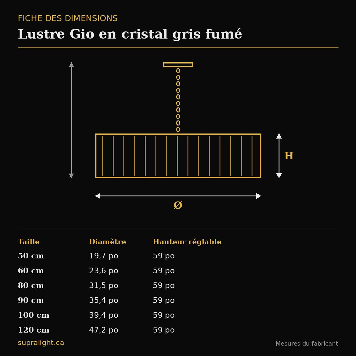 Lustre Gio en cristal gris fumé – dimensions