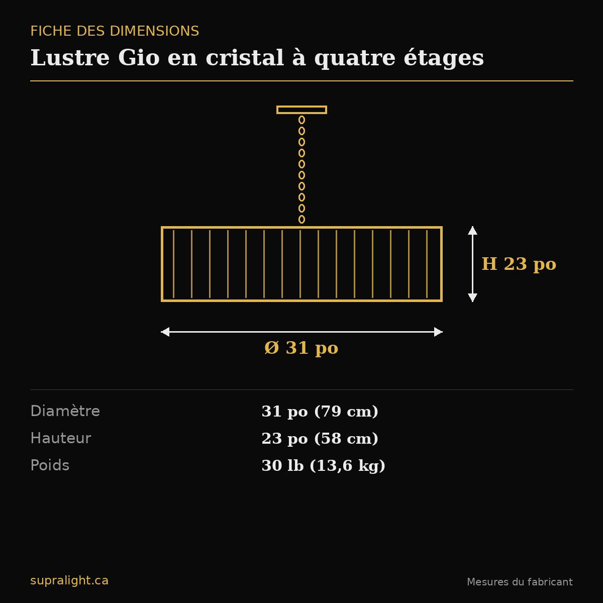 Lustre Gio en cristal à quatre étages – dimensions