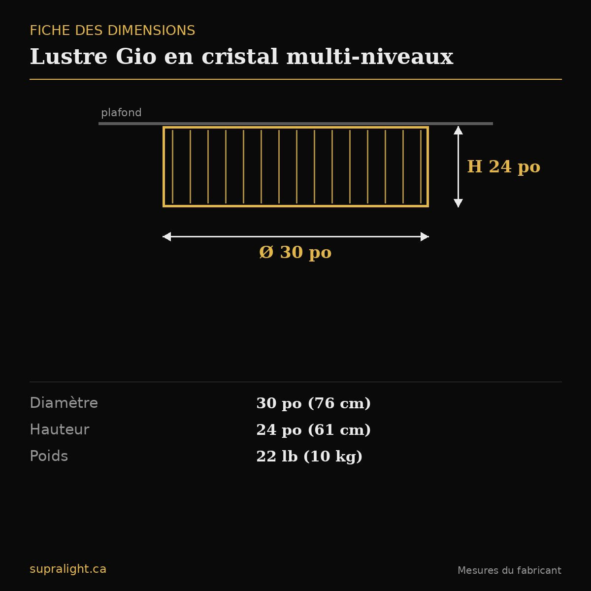 Lustre Gio en cristal multi-niveaux – dimensions