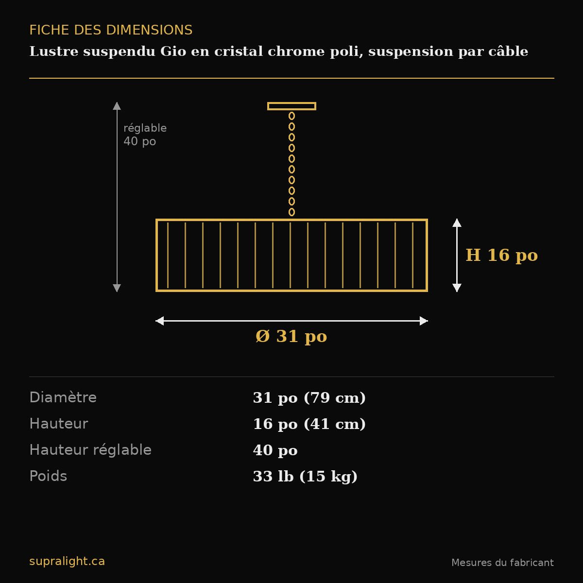Lustre suspendu Gio en cristal chrome poli, suspension par câble – dimensions