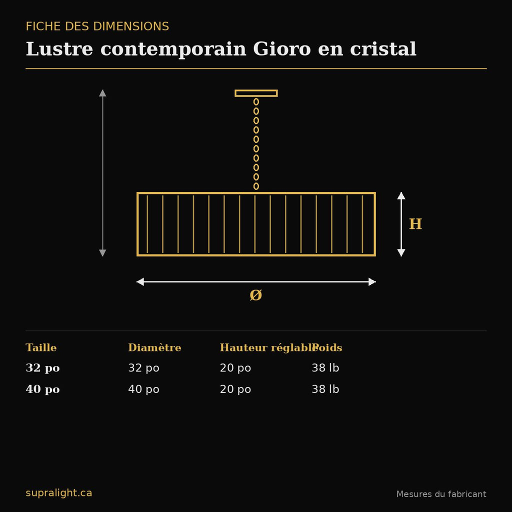 Lustre contemporain Gioro en cristal – dimensions