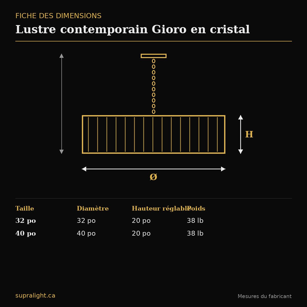 Lustre contemporain Gioro en cristal – dimensions