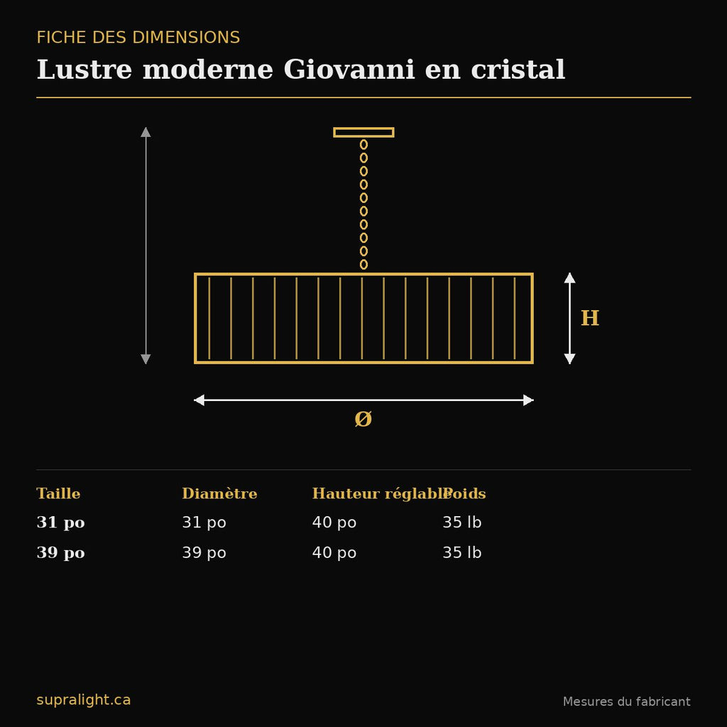 Lustre moderne Giovanni en cristal – dimensions