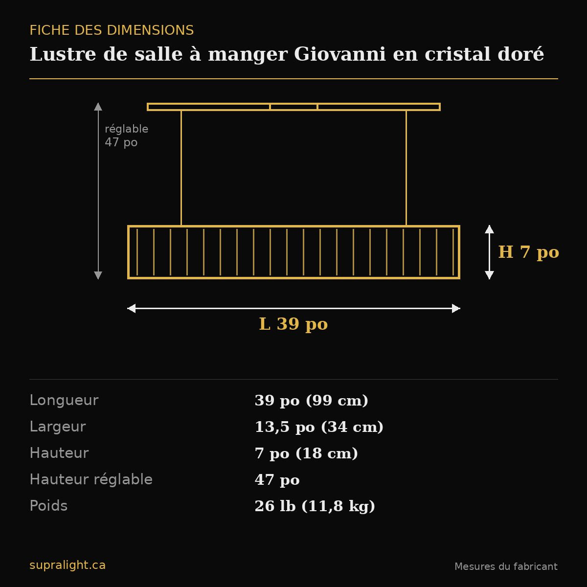 Lustre de salle à manger Giovanni en cristal doré – dimensions