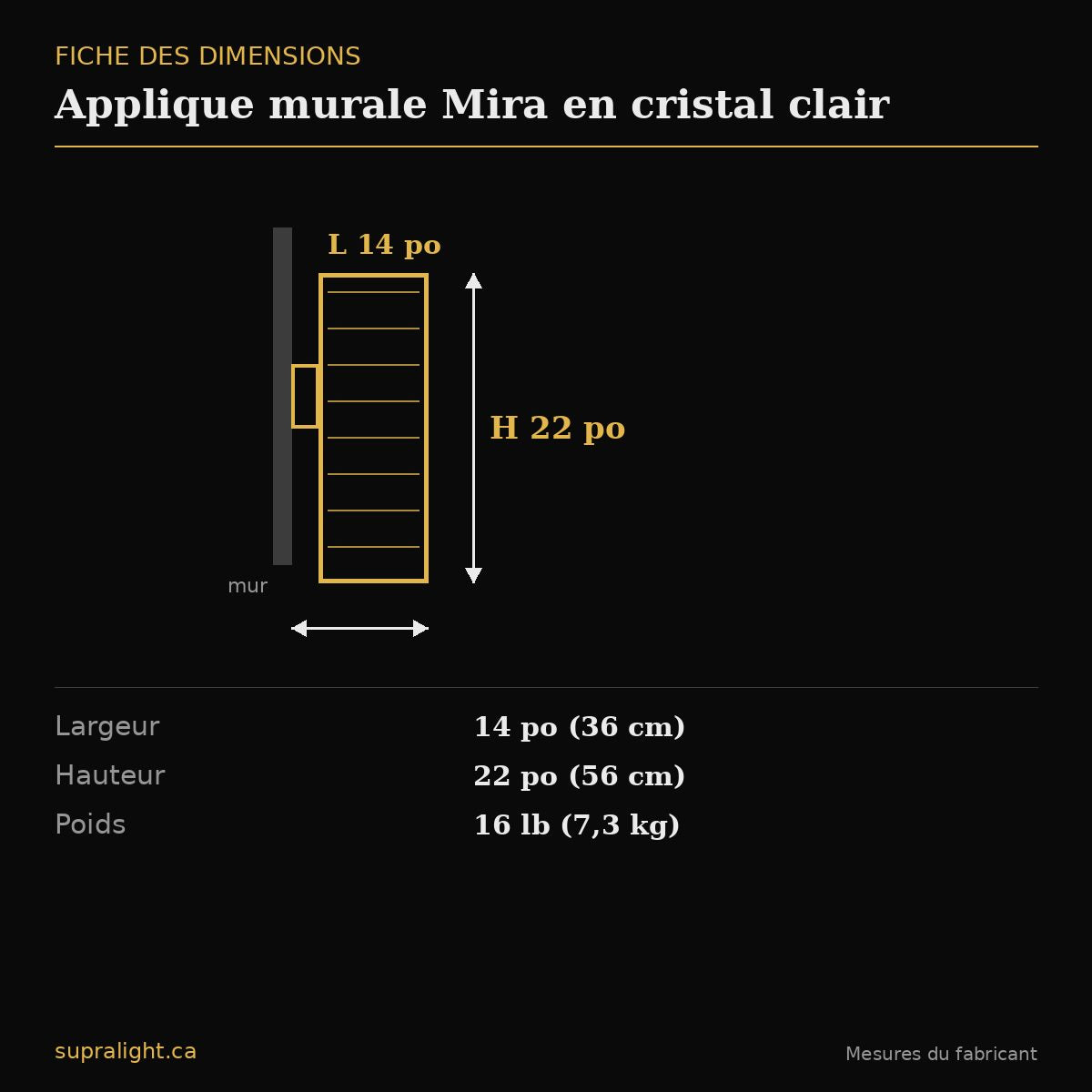 Applique murale Mira en cristal clair – dimensions