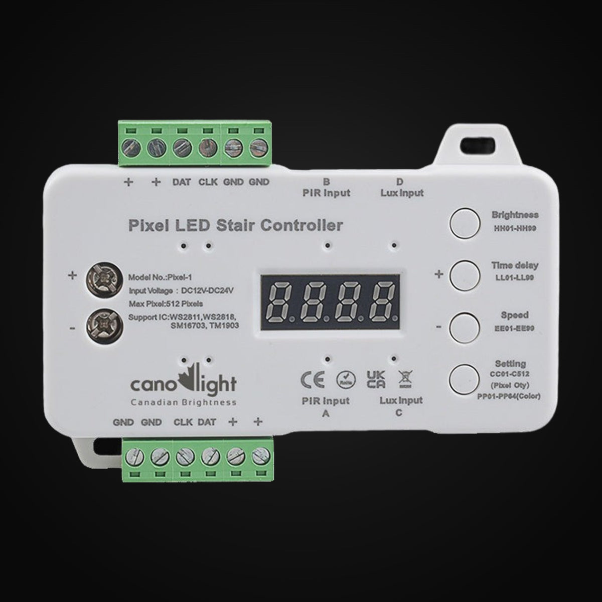 Contrôleur de main courante pour ruban DEL unicolore à effet poursuite, 12-24 V c.c., 512 pixels max