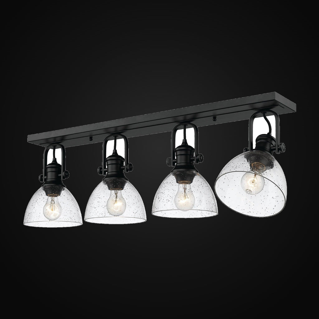 Semi-plafonnier Hines 4 lumières, noir mat, abat-jour en verre bullé
