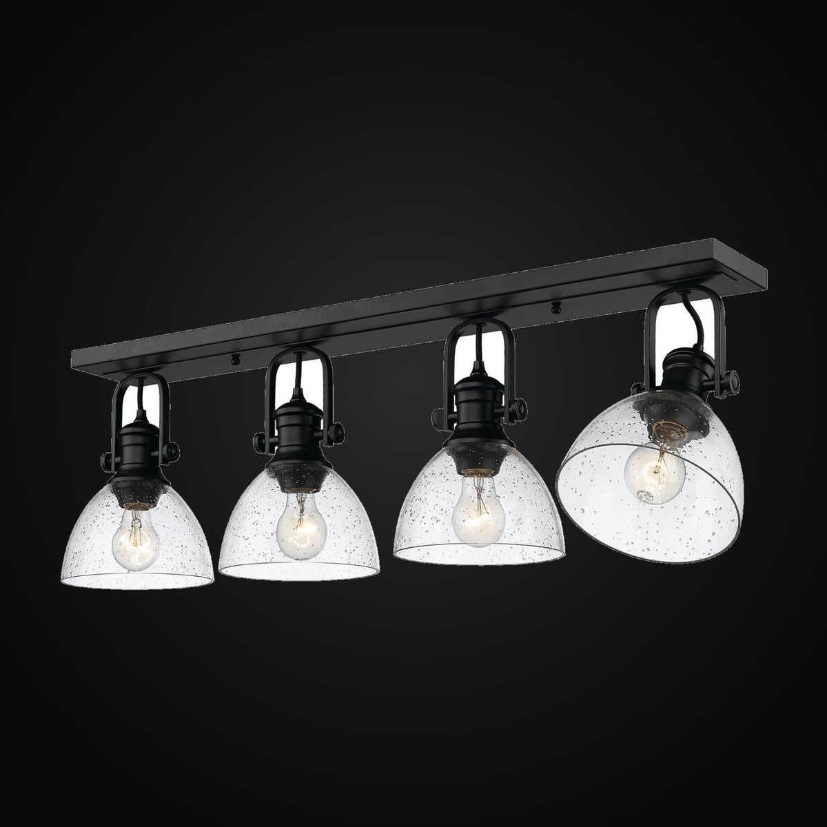Semi-plafonnier Hines 4 lumières, noir mat, abat-jour en verre bullé