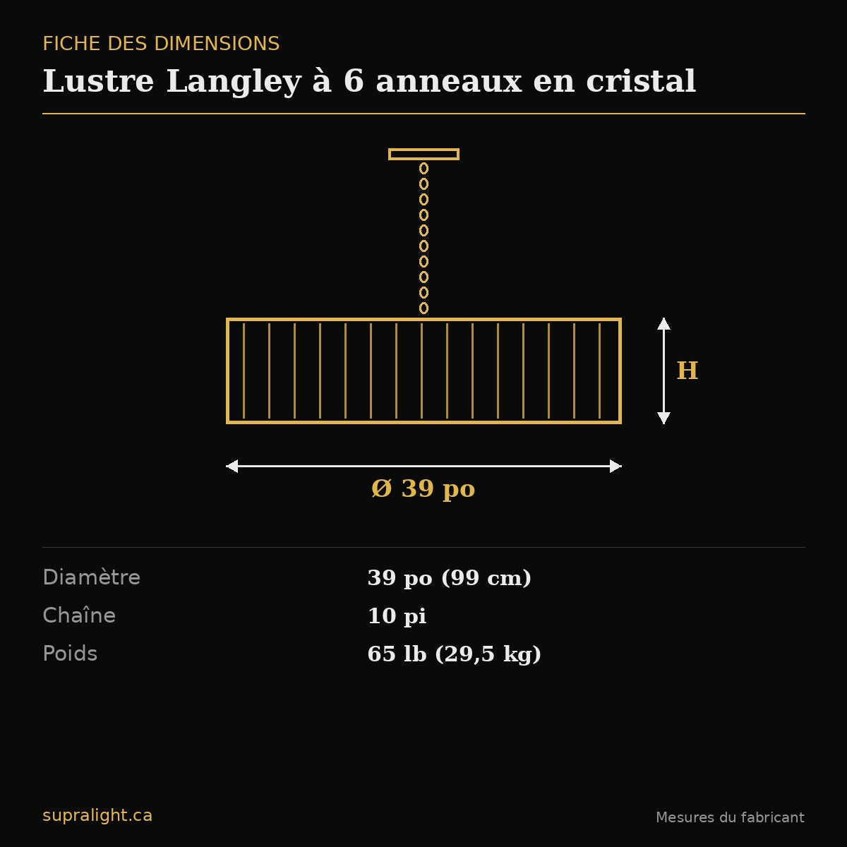 Lustre Langley à 6 anneaux en cristal – dimensions