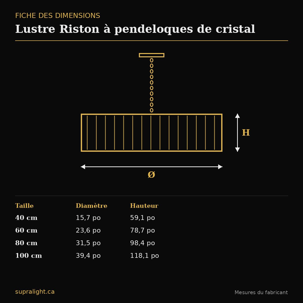 Lustre Riston à pendeloques de cristal – dimensions