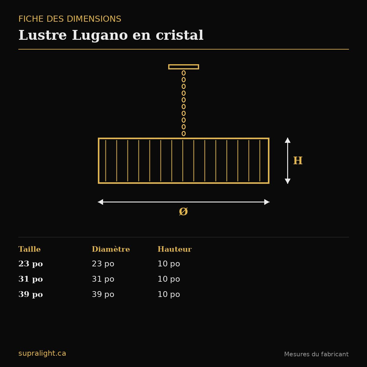 Lustre Lugano en cristal – dimensions