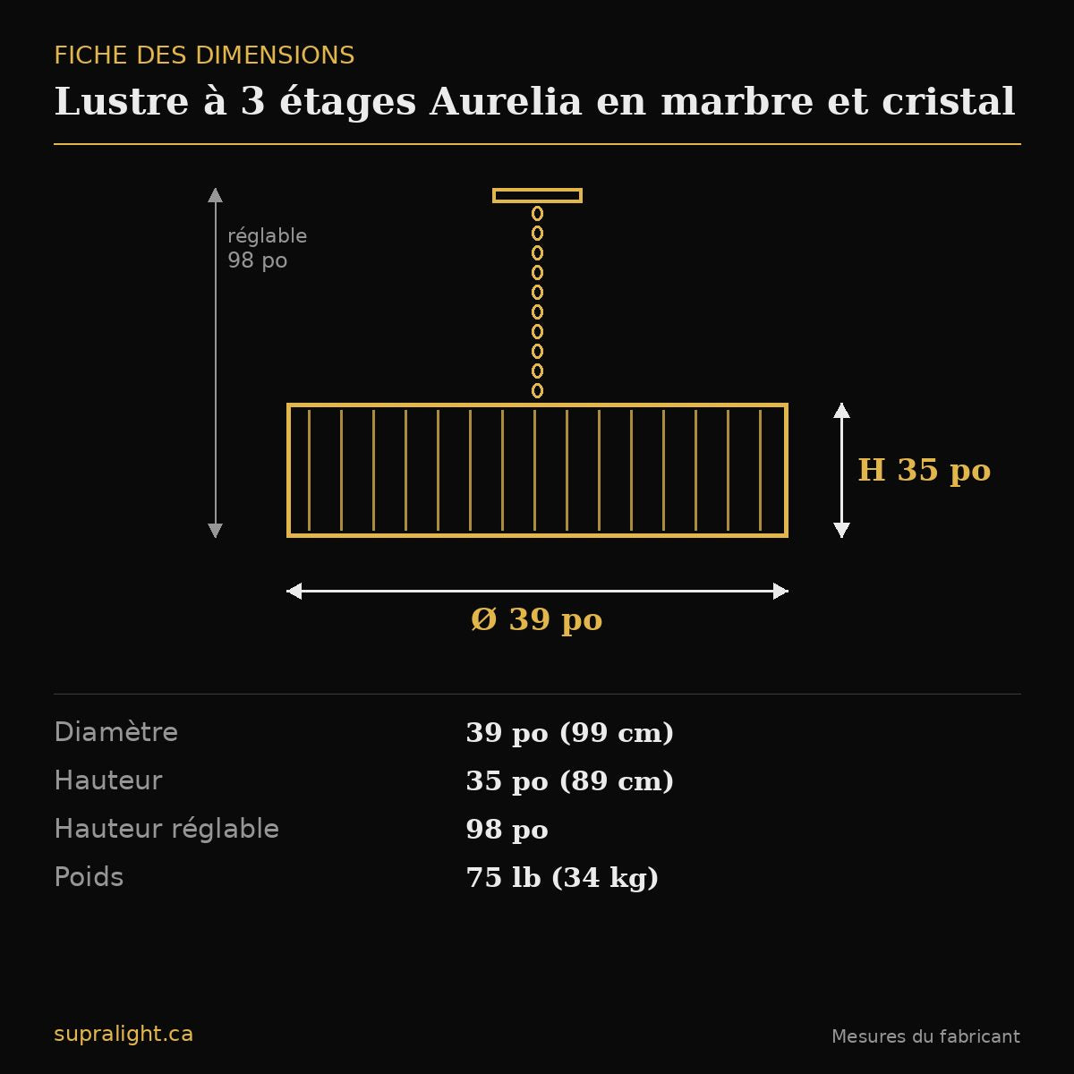 Lustre à 3 étages Aurelia en marbre et cristal – dimensions