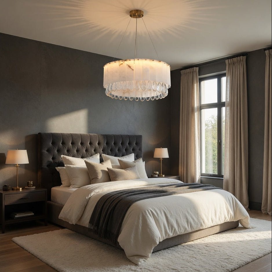Lustre rond Stuart 23 po en marbre et cristal
