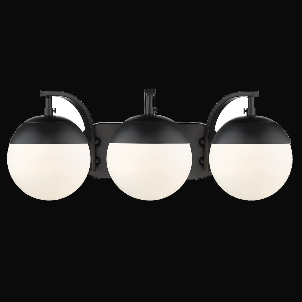 Applique de salle de bain Dixon 3 lumières, noir mat, verre opale et capuchon noir mat